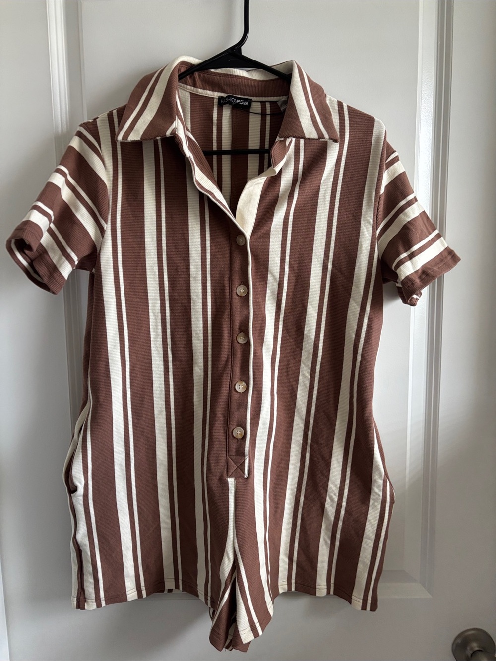 Fashion Nova Brown & Cream Striped Short-Sleeve Button Romper